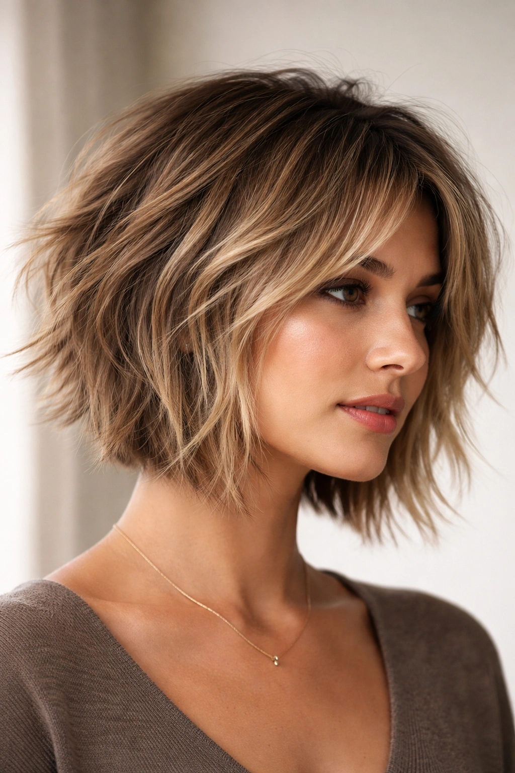 Razor-cut textured bob with tapered ends and choppy layers.