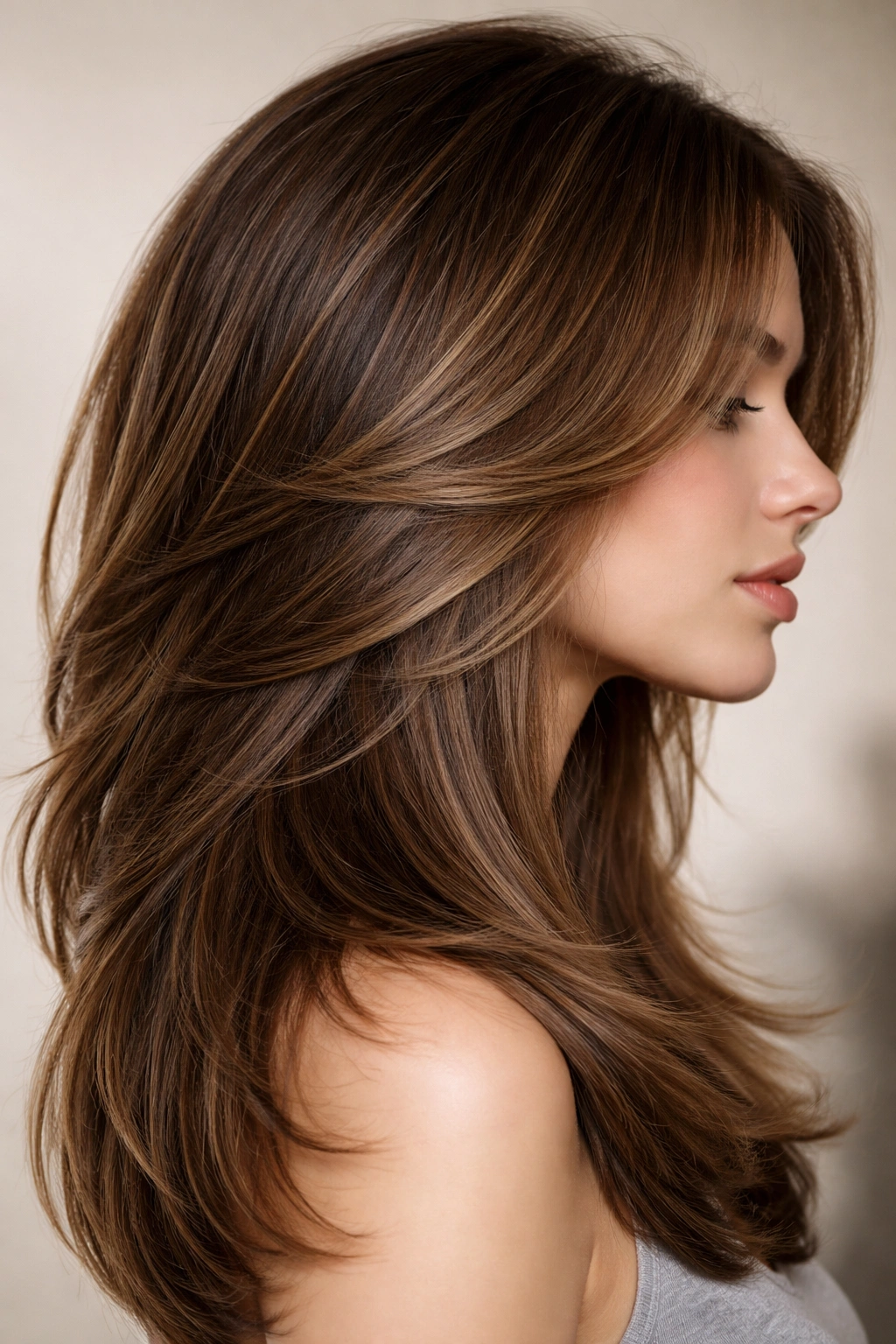 15 Butterfly Haircuts With Flowing Long Layers 13 Close-up side profile showing razor-cut micro layers forming feathered butterfly cut