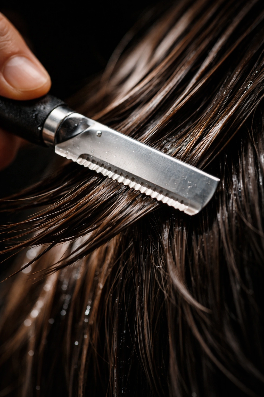 Close-up of razor cutting through hair with a wet look