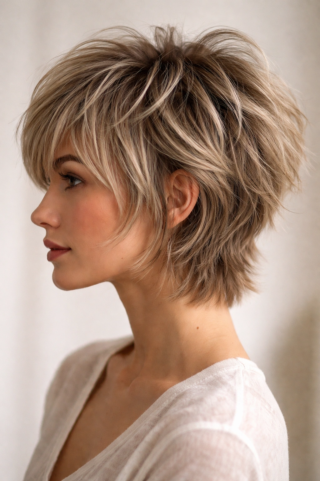 15 Short Textured Cuts That Give You Built In Volume 14 Profile close-up of razor-cut short shag with feathered texture