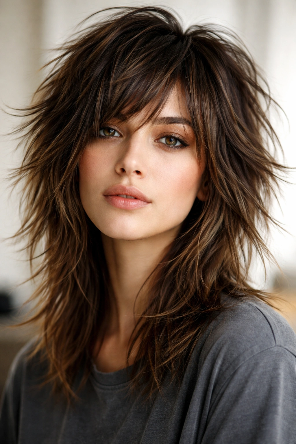 18 Textured Shag Layered Cuts With Great Movement 8 Close-up portrait showing razor-cut textured shag with sharp ends and dramatic texture
