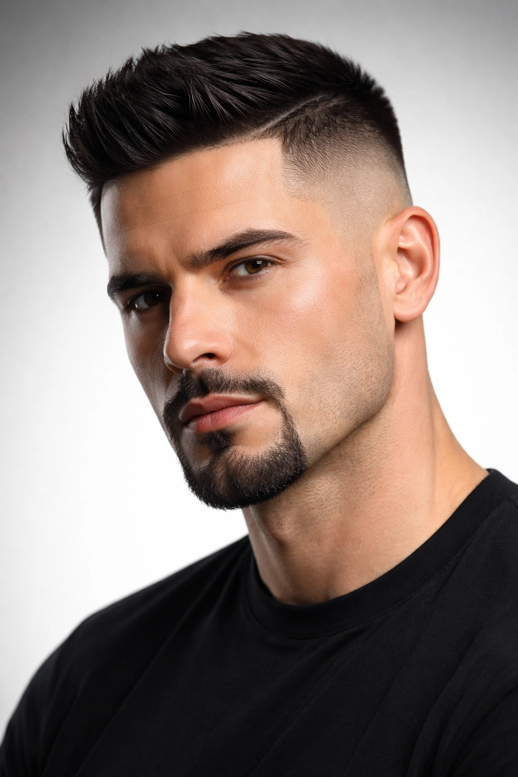 Man with razor fade and crisp goatee in studio portrait