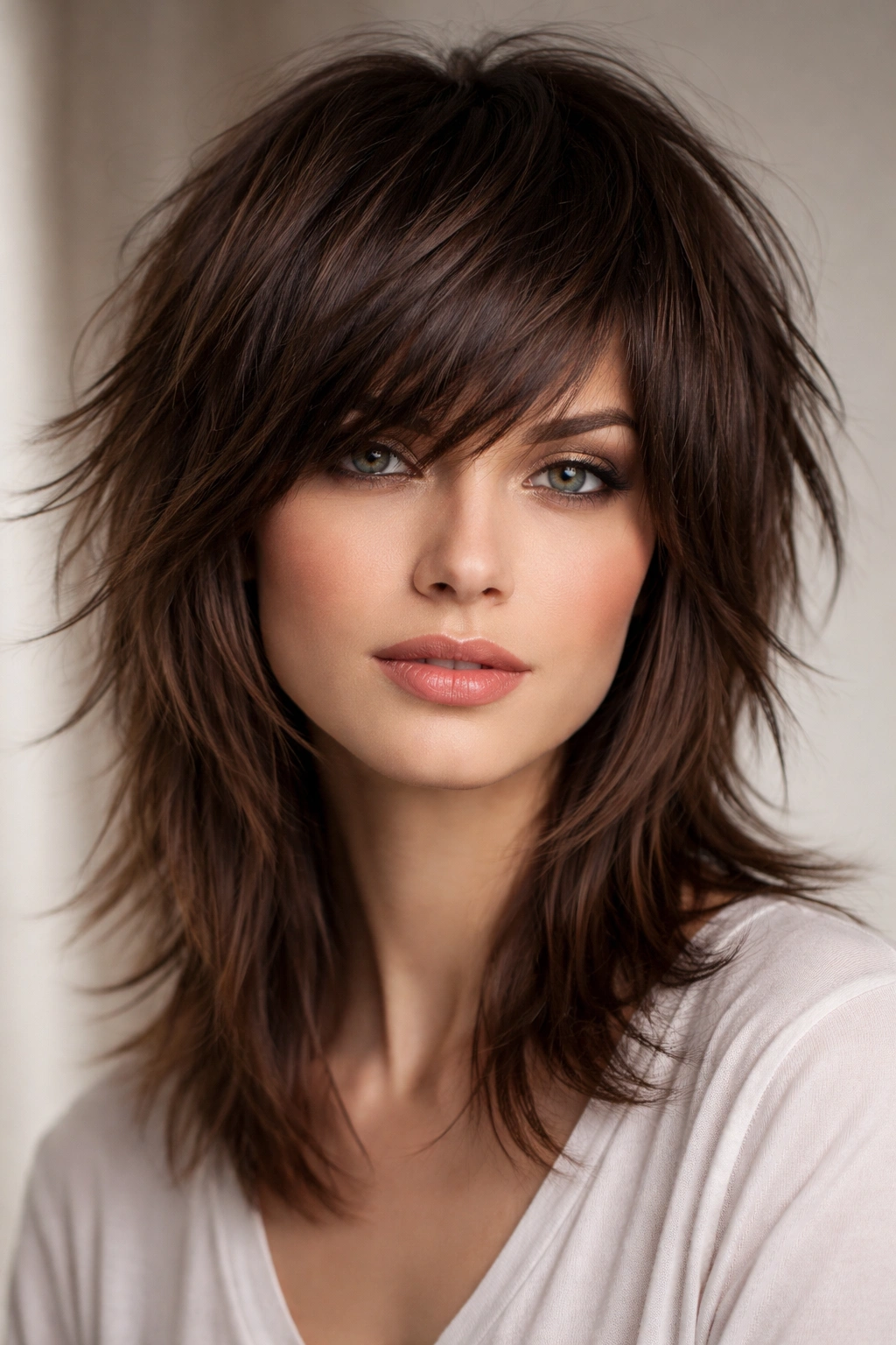 Portrait of a model with razor-cut textured bangs in a shag, side-swept fringe