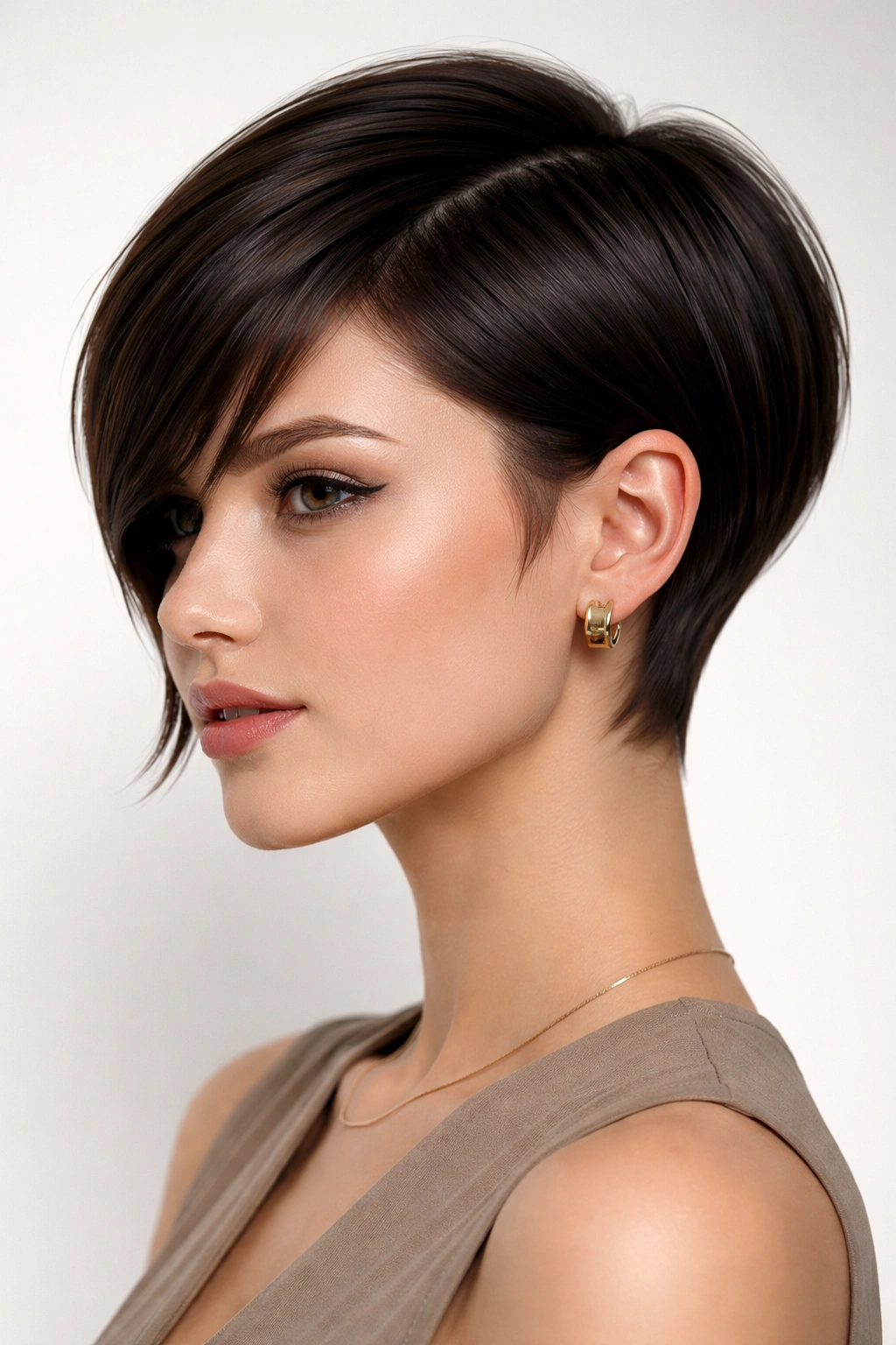 Portrait of a person with a razor-sharp bixie hairstyle