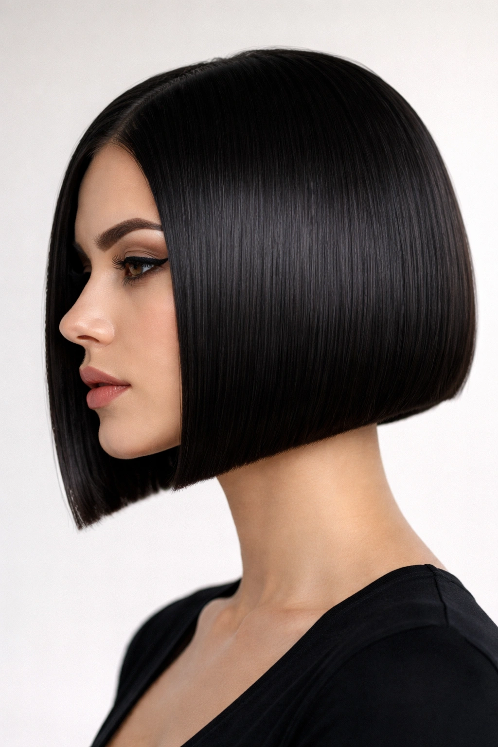 Razor-sharp bob with blunt chin-length edge and crisp lines