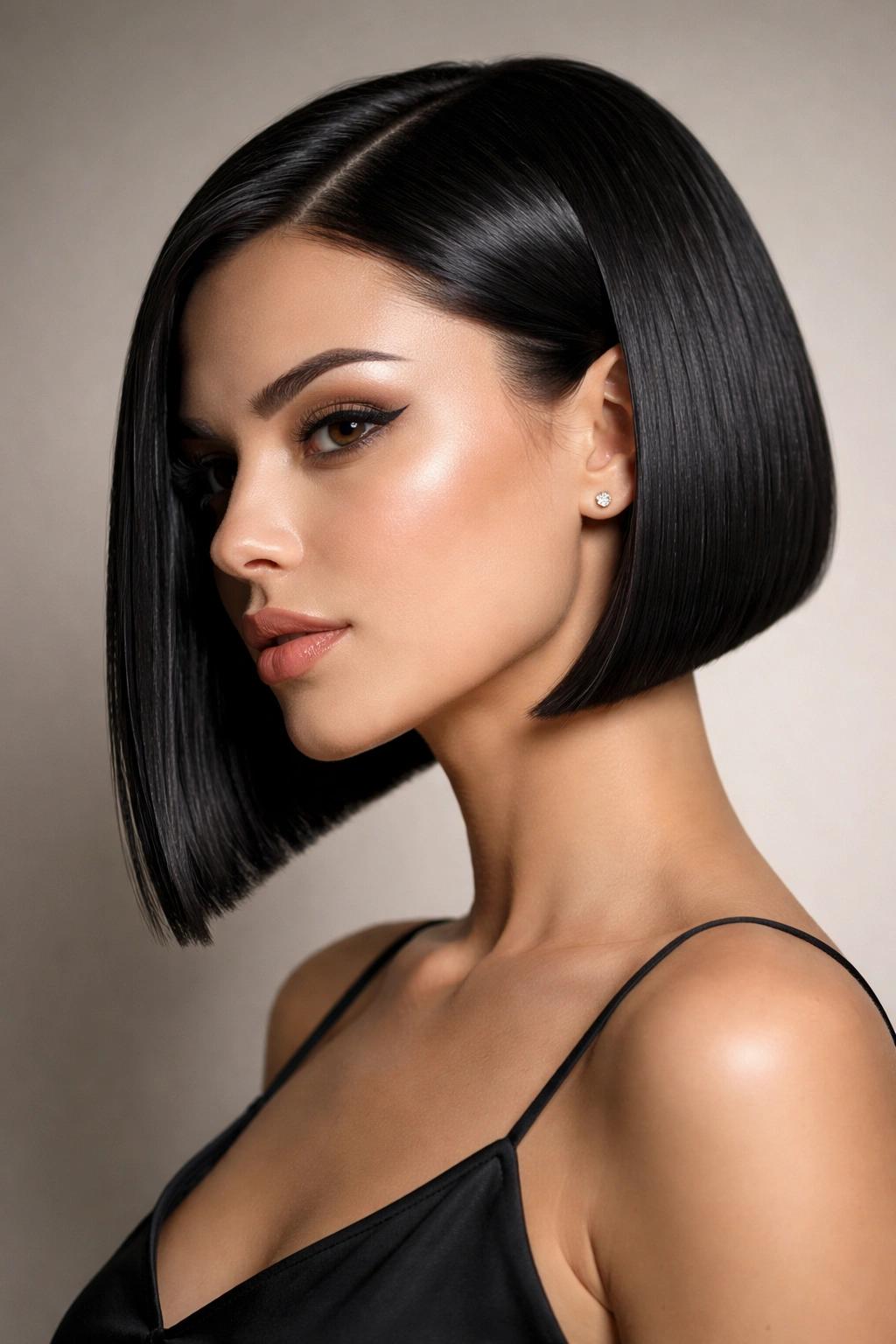 Close-up of razor-cut bob with sharp lines and defined angles in studio lighting