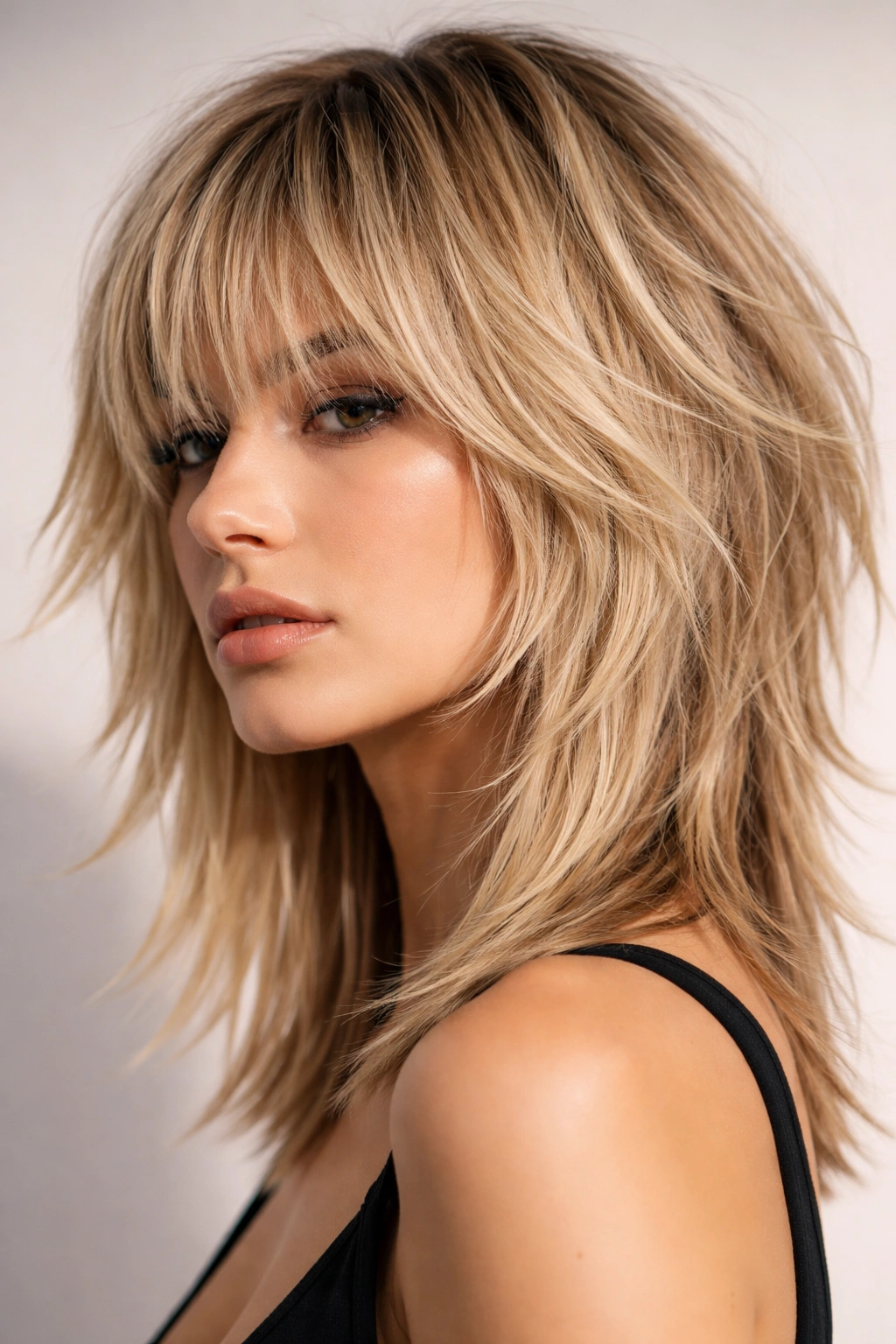 15 Shag Haircuts That Give Fine Hair More Body 10 Portrait showing razor-sharp edges of a shag haircut