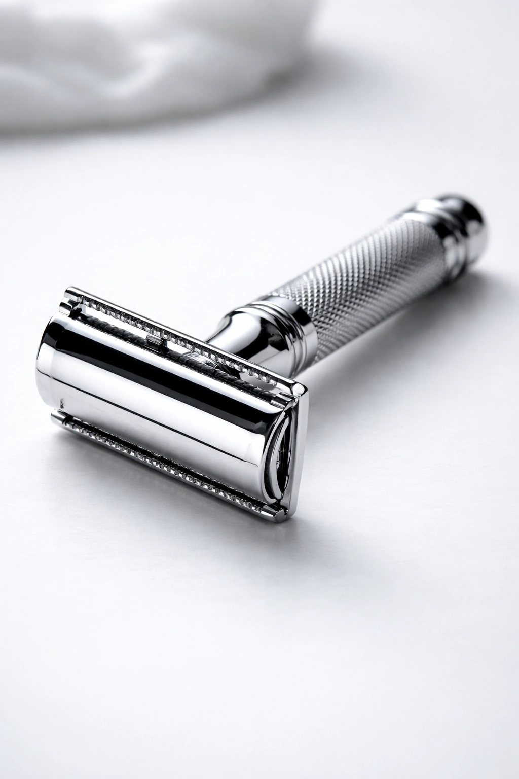 Close-up of a classic safety razor on a plain surface