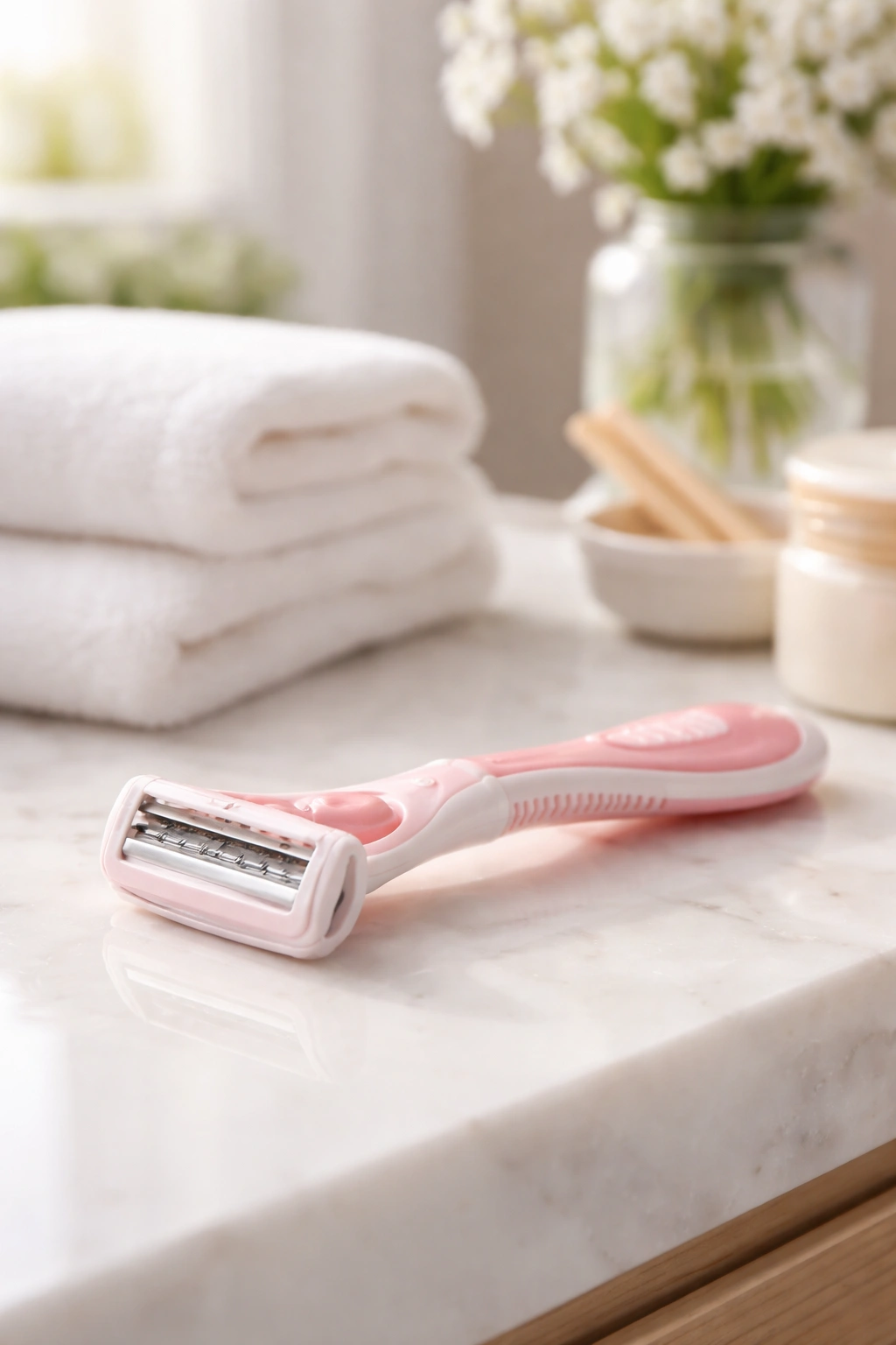 Close-up of a razor on a clean bathroom counter suggesting shaving during pregnancy