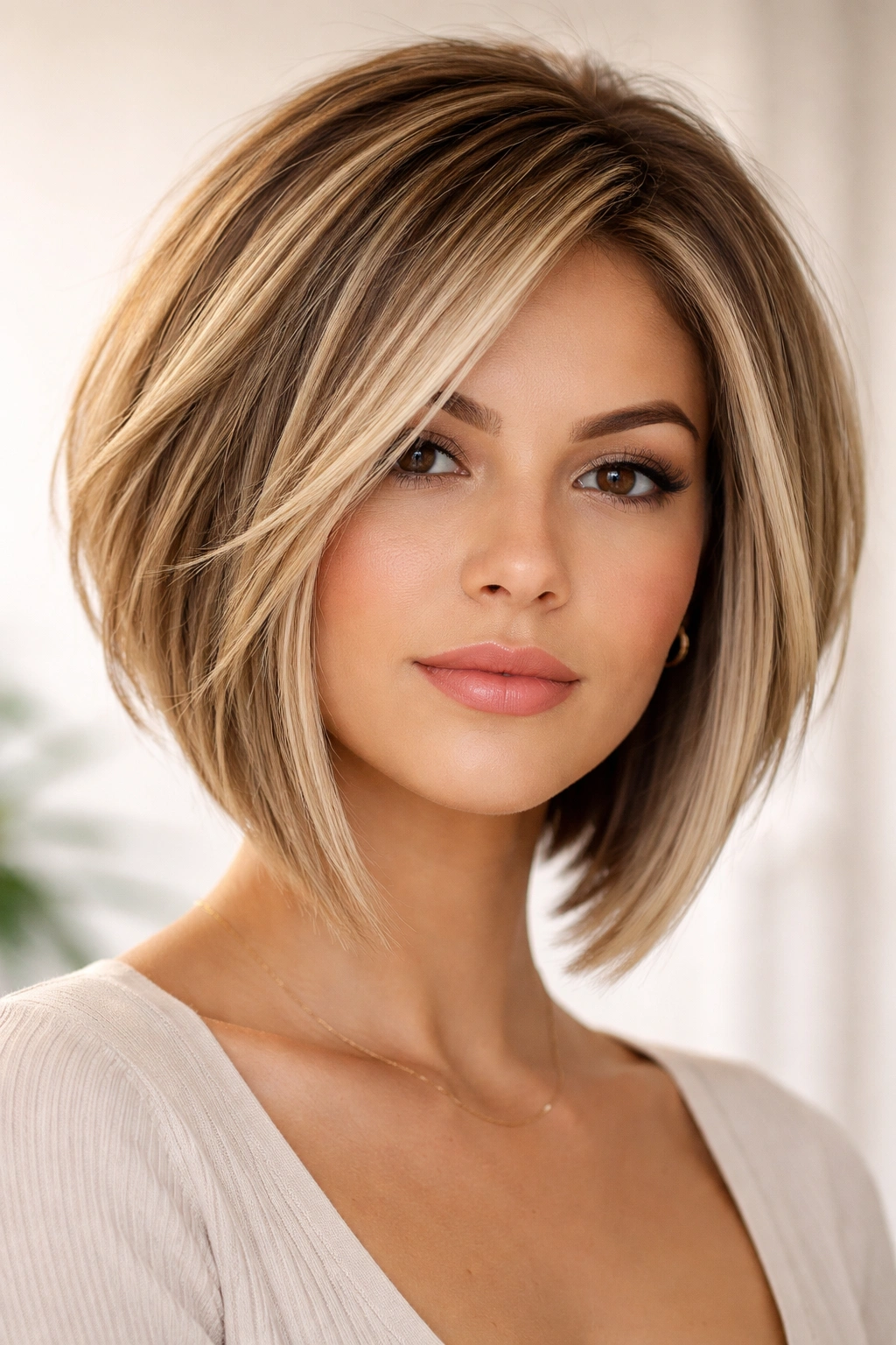 Portrait of a model with a razor-cut angled bob showing long front layers and stacked back