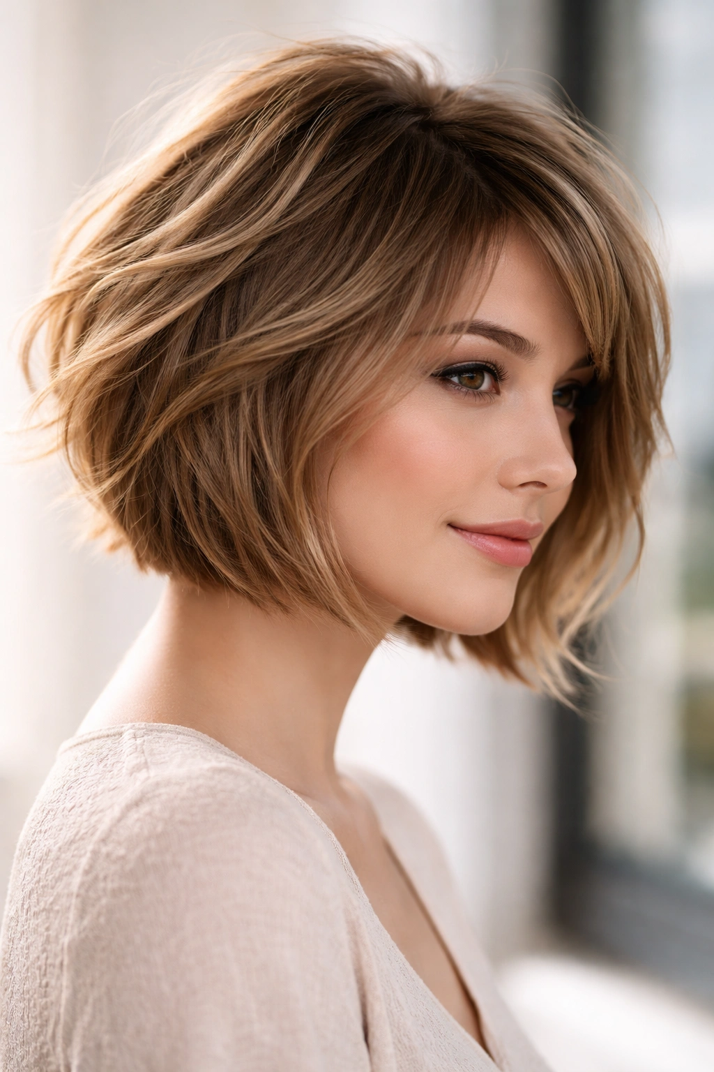 12 Chin Length Bobs That Suit Every Face Shape 11 Razored bob with movement on pear-shaped face showing crown texture