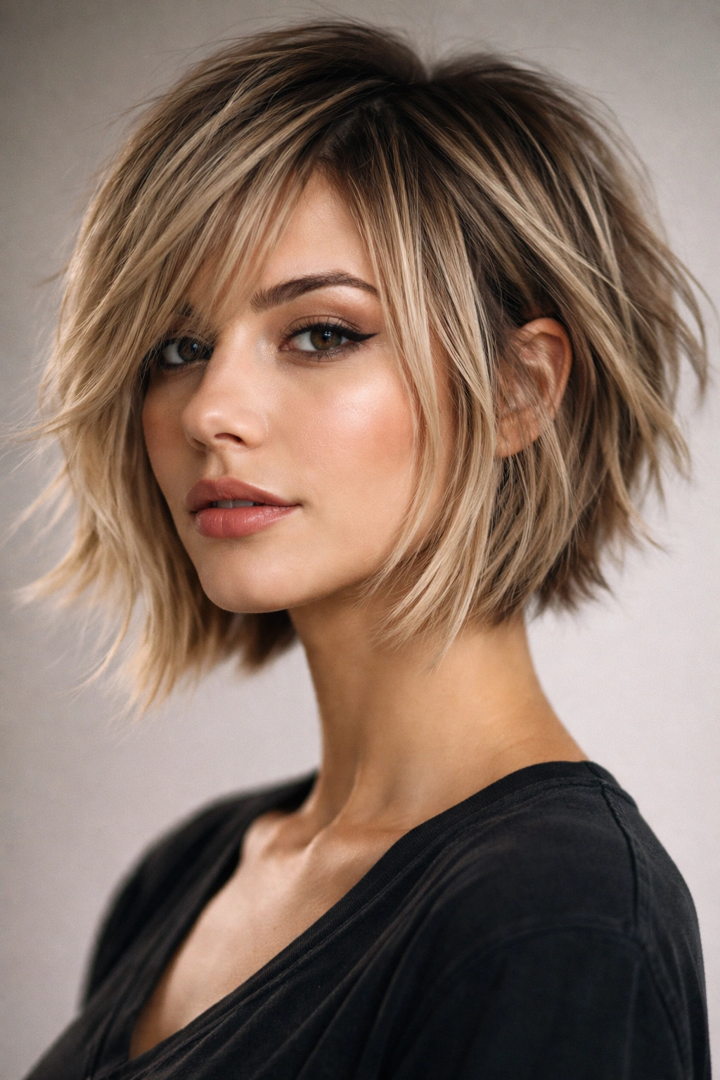 10 Stacked Angled Bobs That Boost Fine Hair 7 Close-up portrait of a model with a razor-cut choppy bob showing razor-textured layers