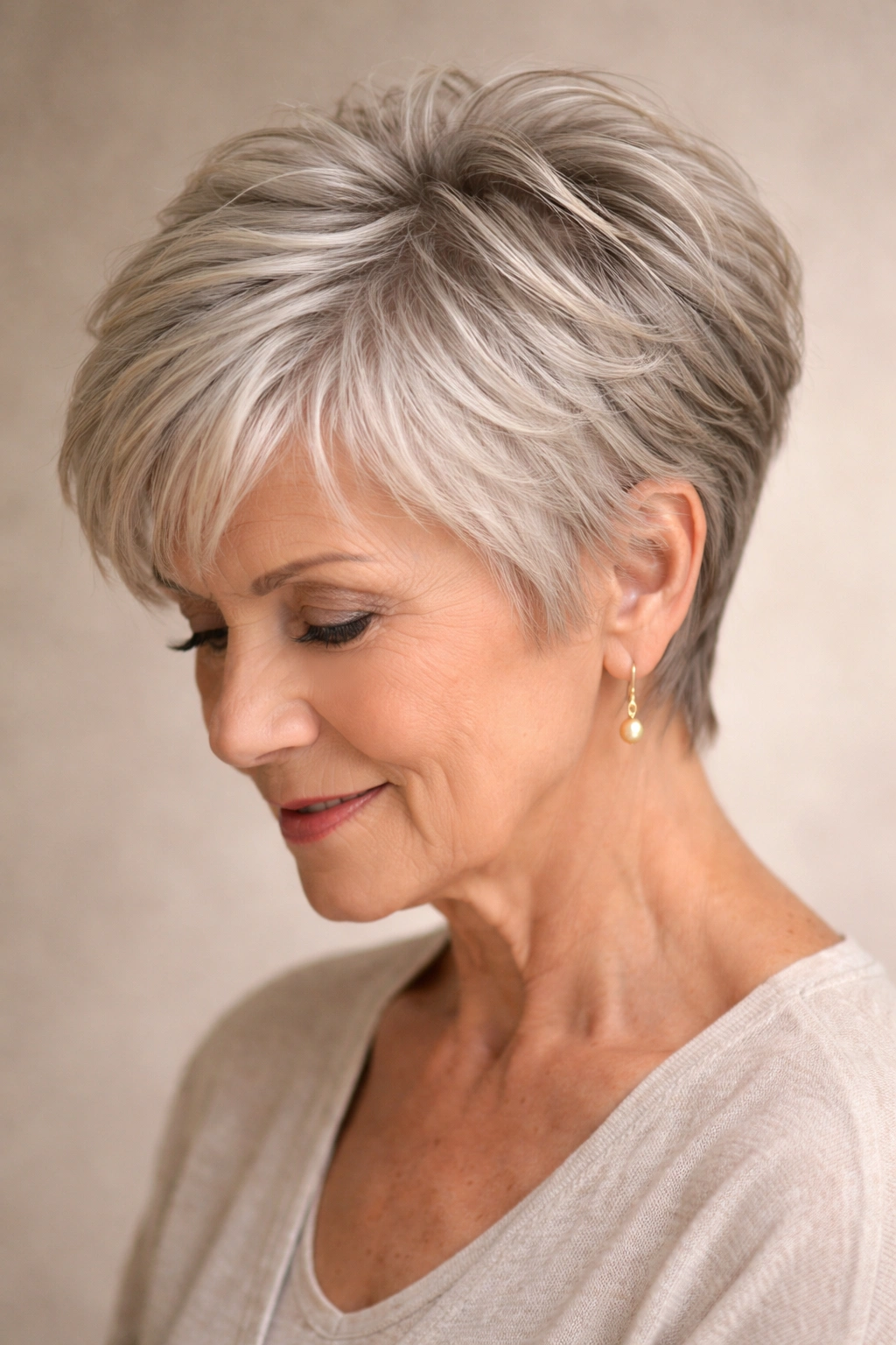 Short razored pixie with soft feathered finish on thick hair