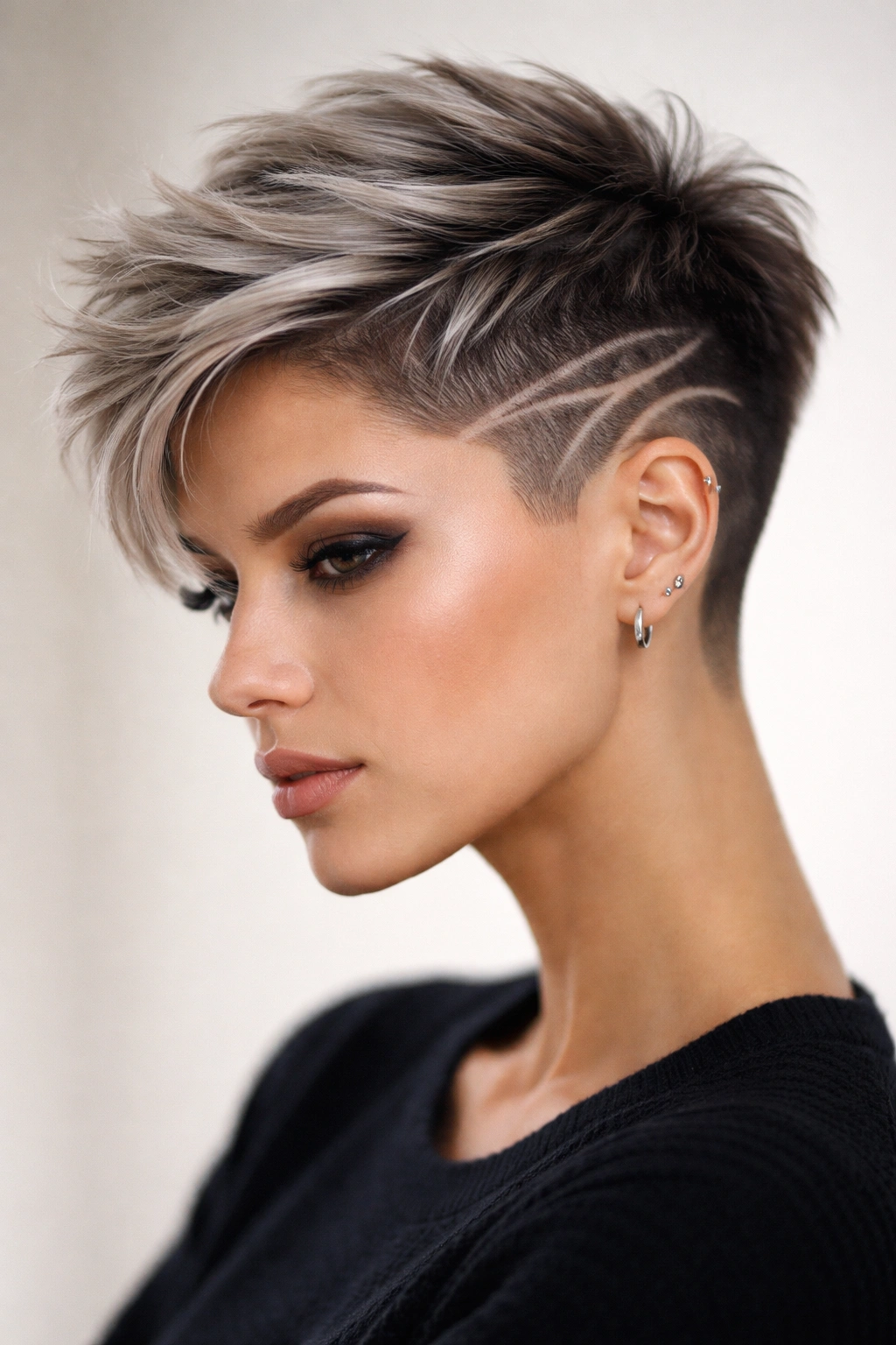 12 Short Haircuts With Shaved Sides For Bold Women 12 Razored pixie cut with temple designs shaved on the sides.
