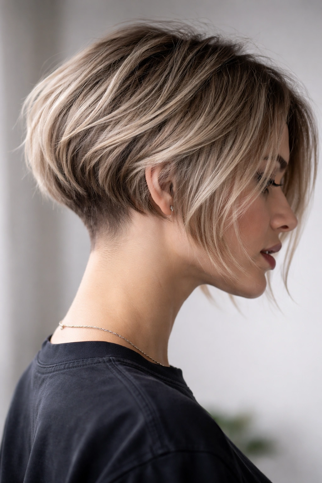 Razor-cut textured bob with cheppy layers and subtle nape fade