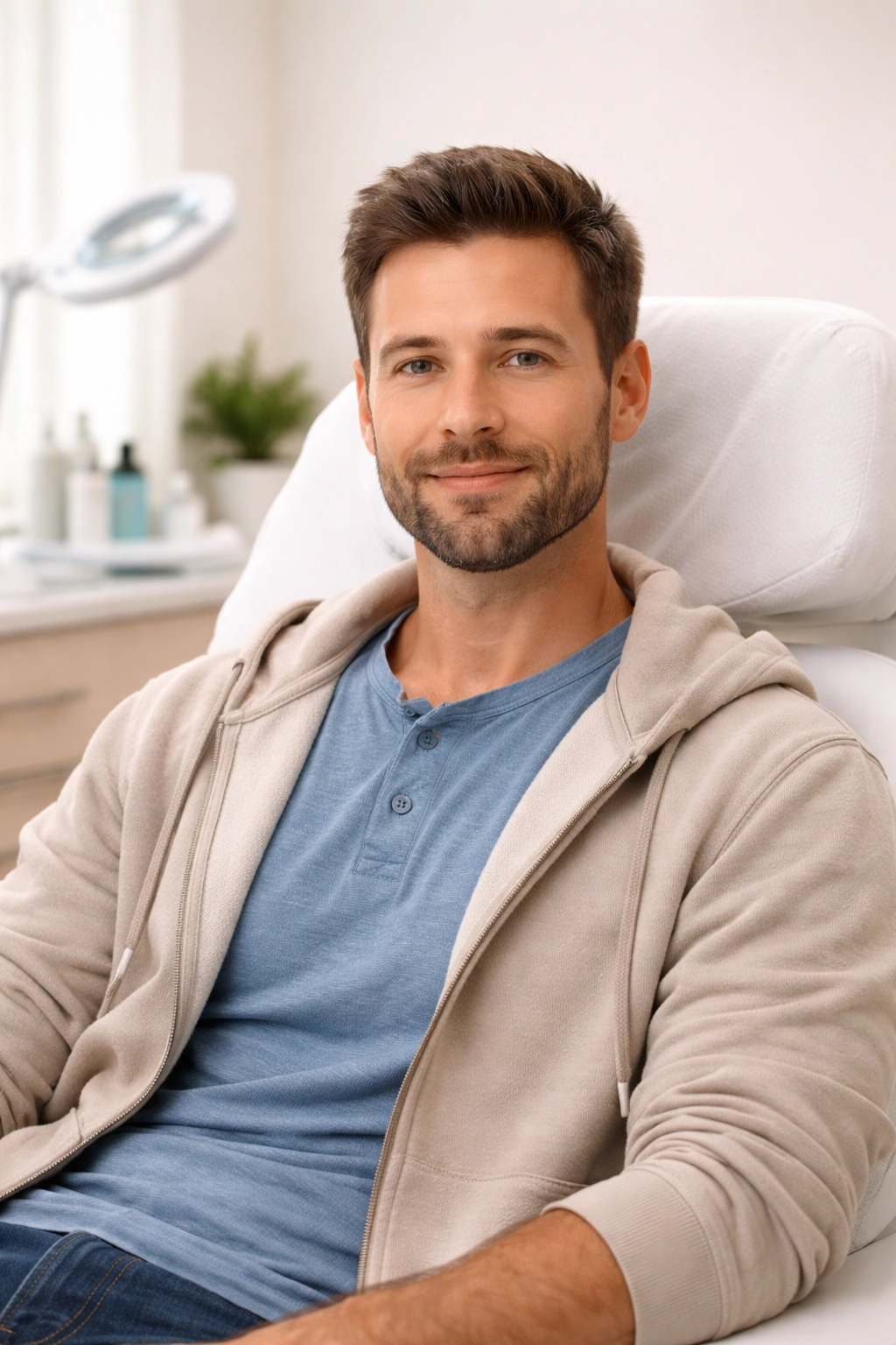 Patient in clinic after hair transplant with calm expression