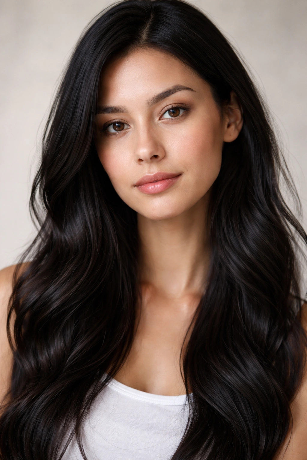Real people portrait with dark hair in neutral studio backdrop