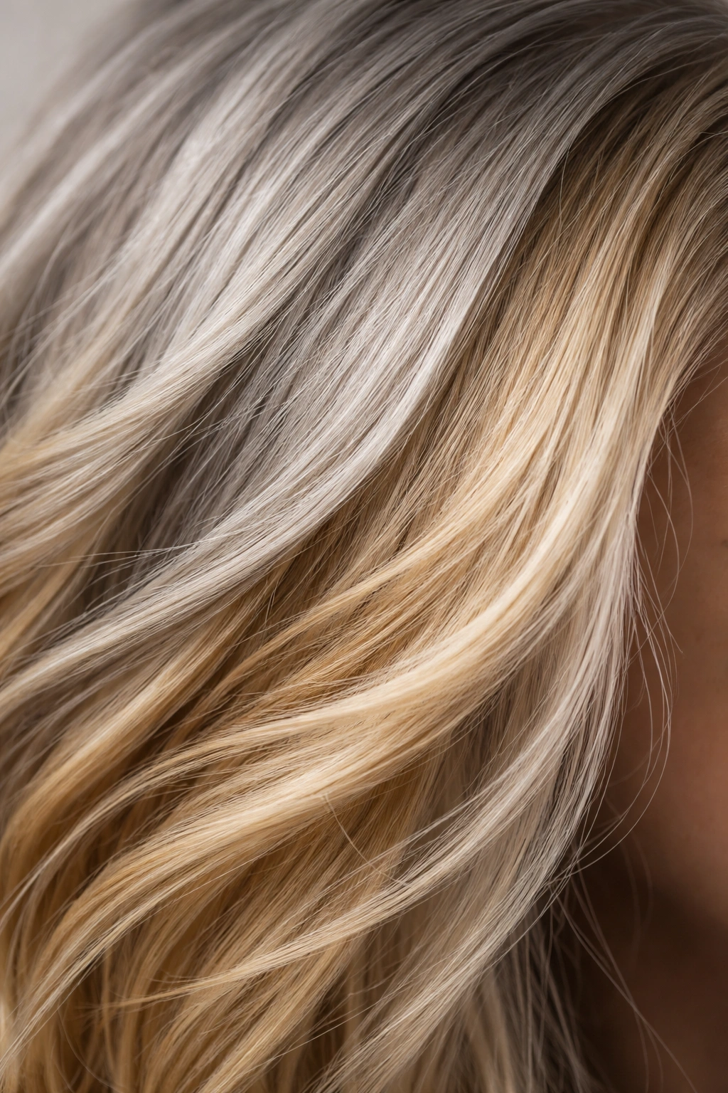 Hair showing a gradual grey-to-blonde transition for realistic results