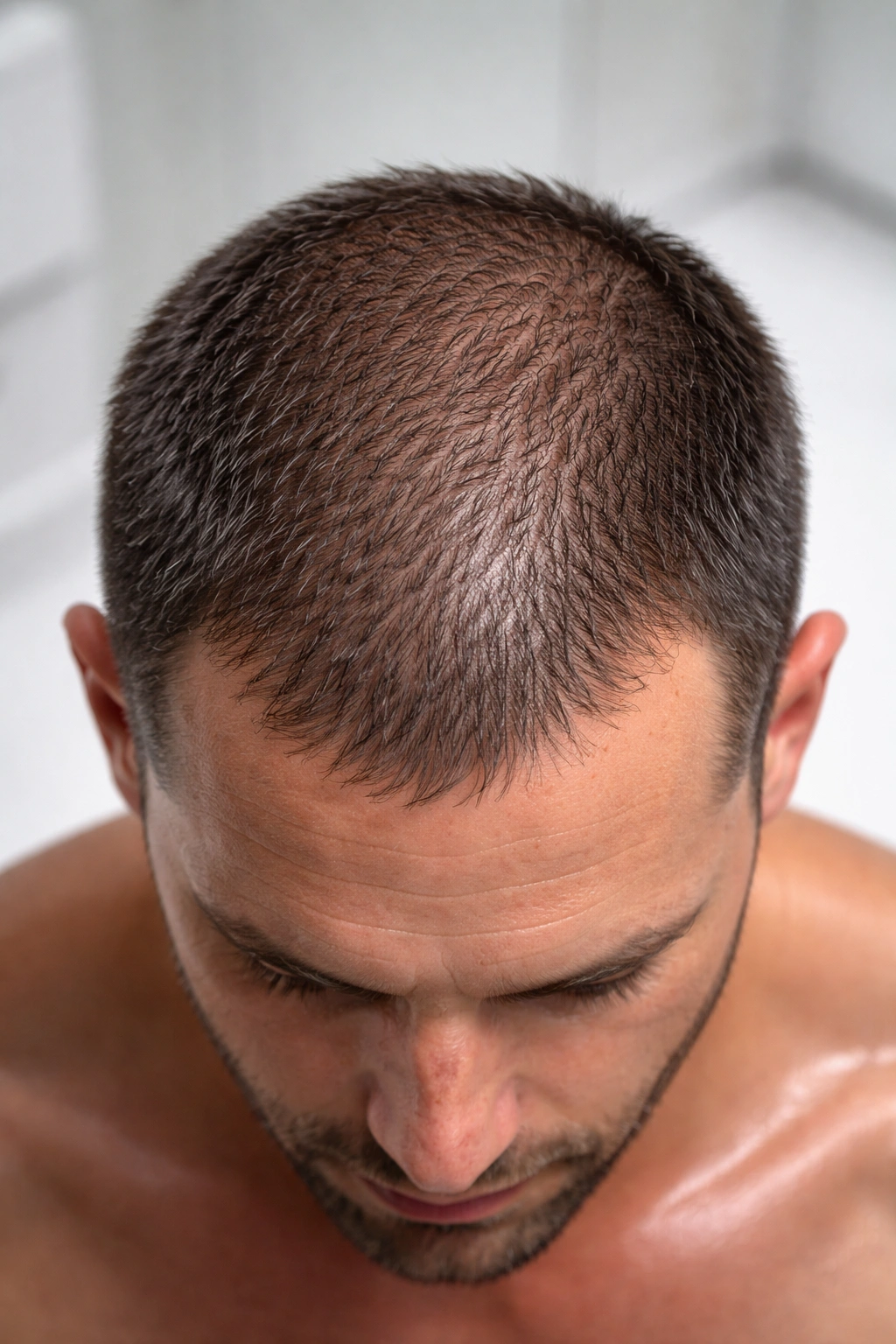 Top-down scalp with short hair showing density variation to illustrate realism