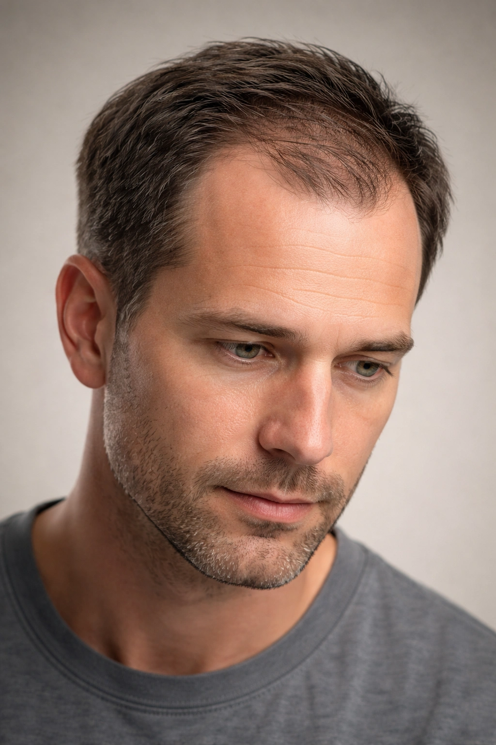 Close-up of a male scalp showing subtle temple recession and receding hairline