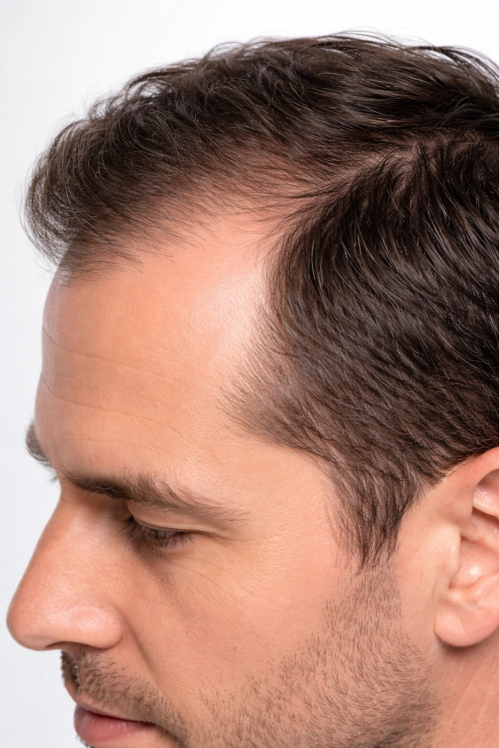 Side profile close-up of a receding hairline at the temples