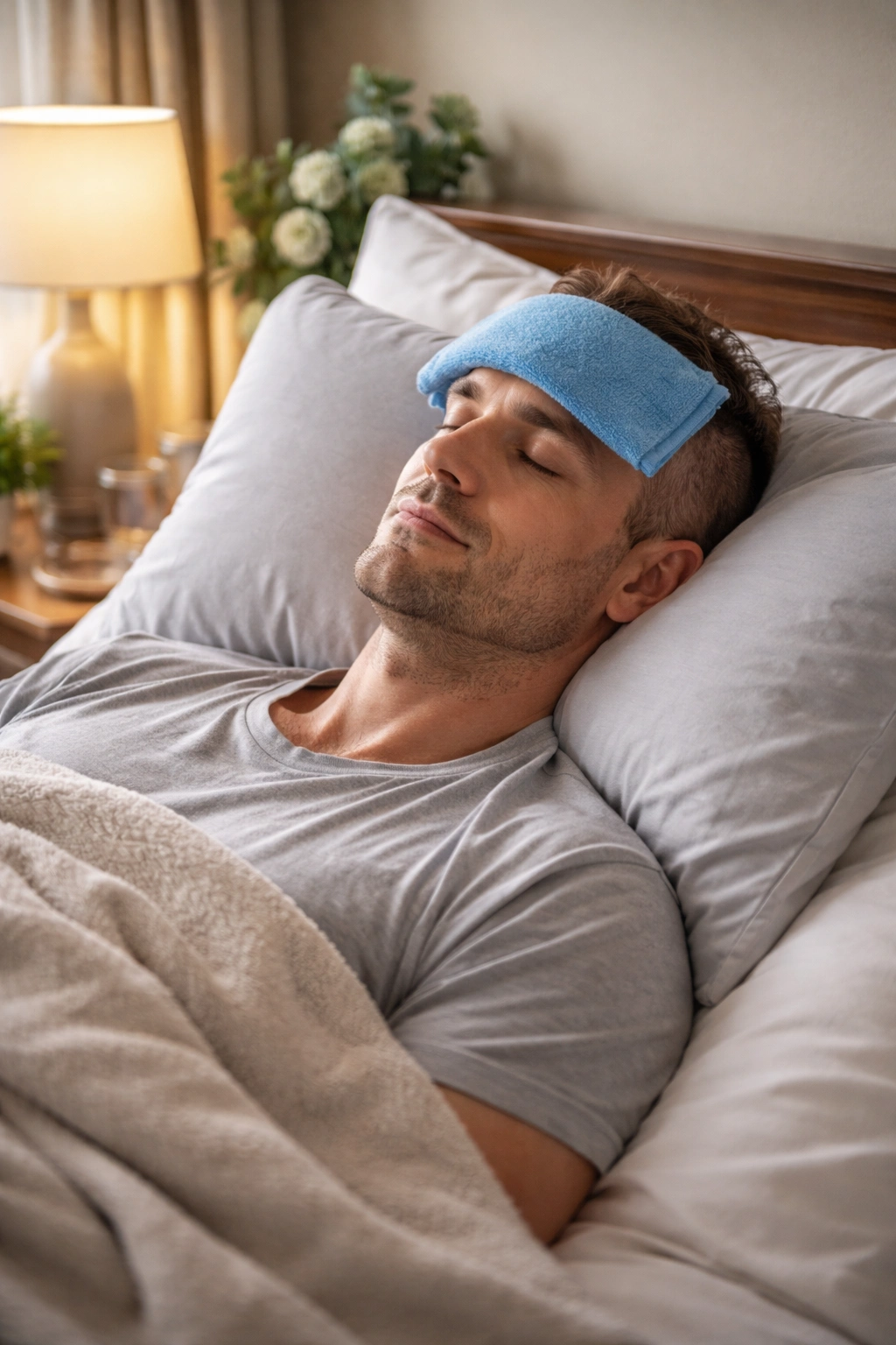Patient with head elevated and cold compress during hair transplant recovery
