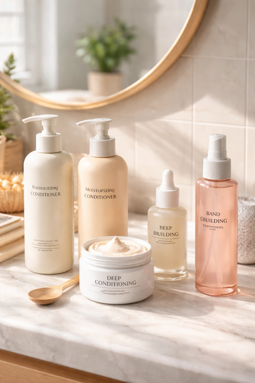 Assorted hair care products neatly arranged for a recovery routine