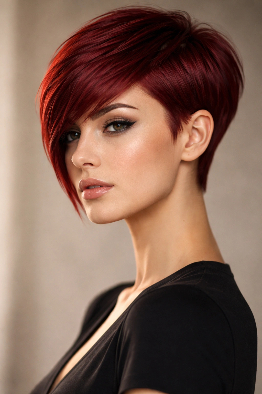 12 Short Red Haircuts That Always Turn Heads 6 Portrait of a person with a red A-line pixie showing a structured angled silhouette.