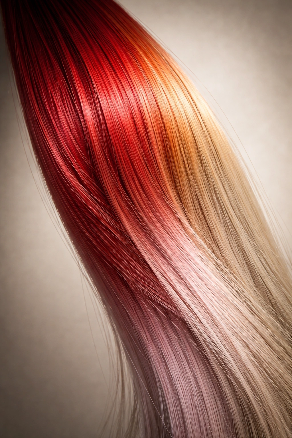 Hair strand showing red fading to orange and pink along length