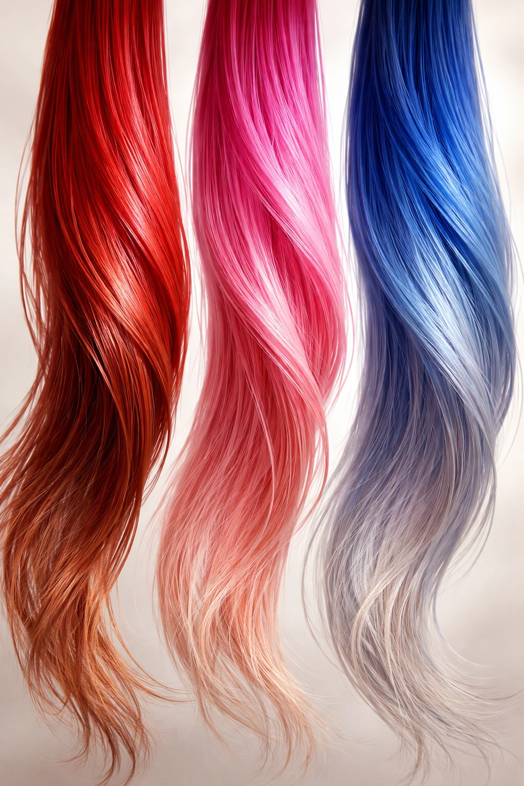 Three hair strands in red, pink and blue fading along their lengths