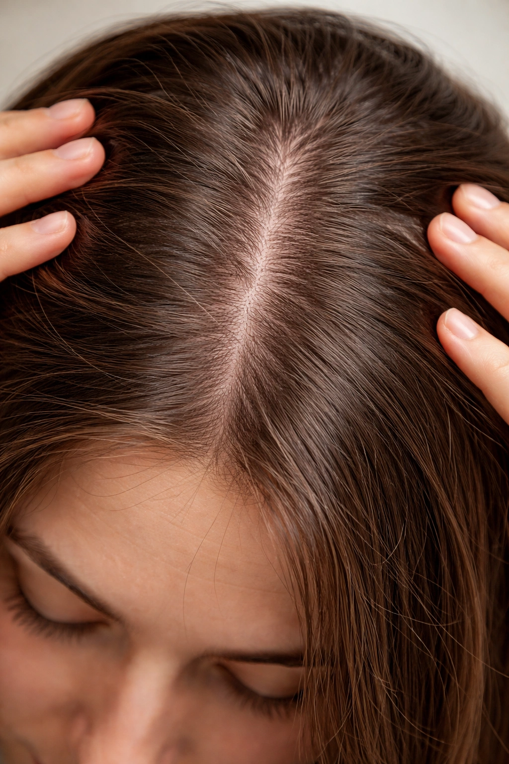 Scalp with thinning patch and widening part indicating potential hair loss concerns