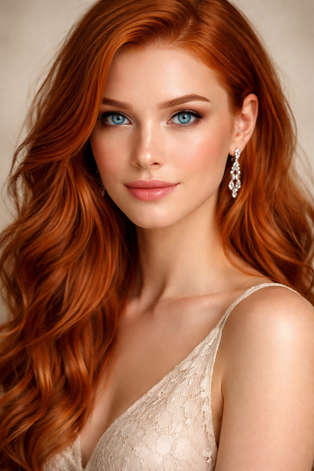 Portrait of a red-haired and blue-eyed individual in fashion photography.