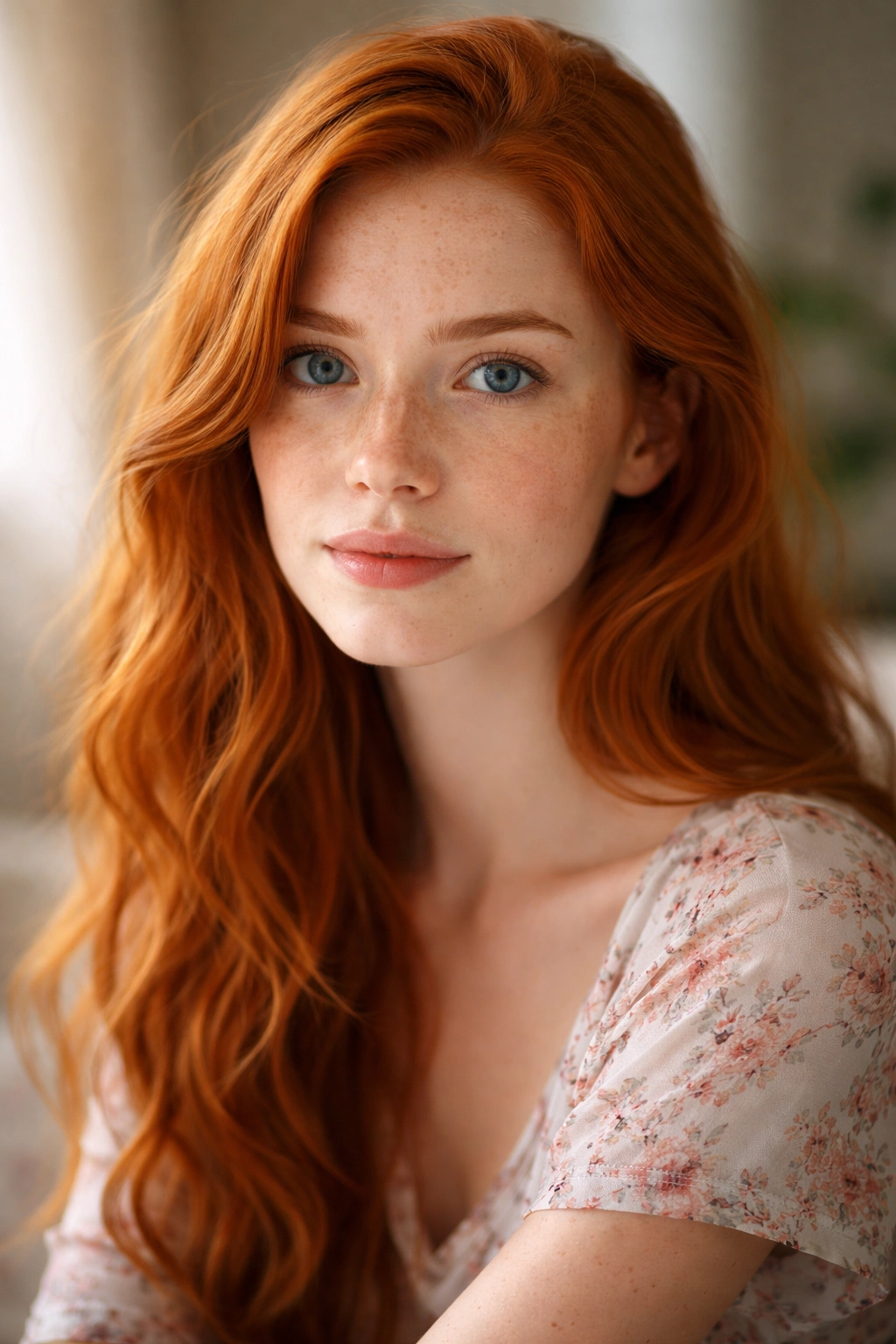 Serene portrait of red-haired blue-eyed person highlighting freckles.