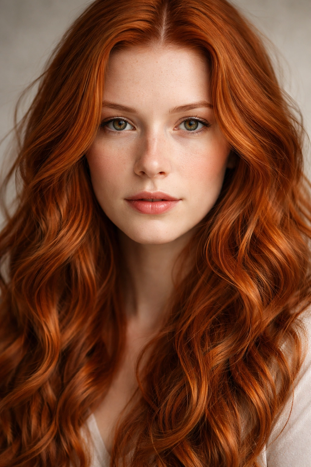 Close-up copper-red hair with pale skin in a studio portrait