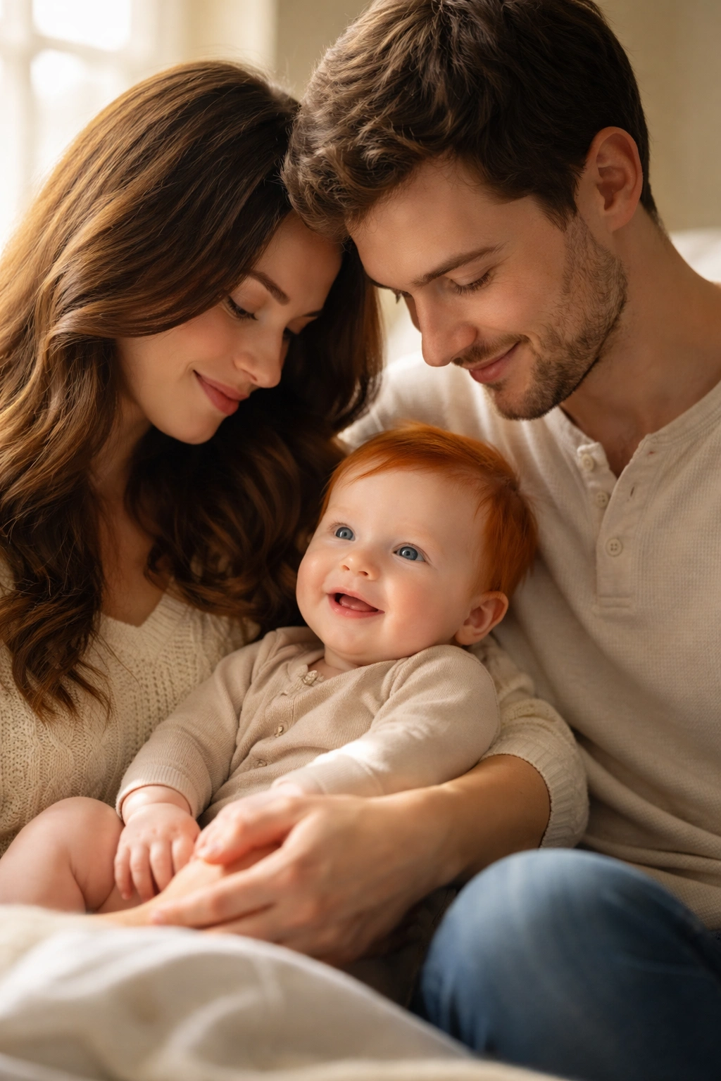Brown-haired couple with a red-haired baby, symbolizing hidden MC1R variants persisting across generations