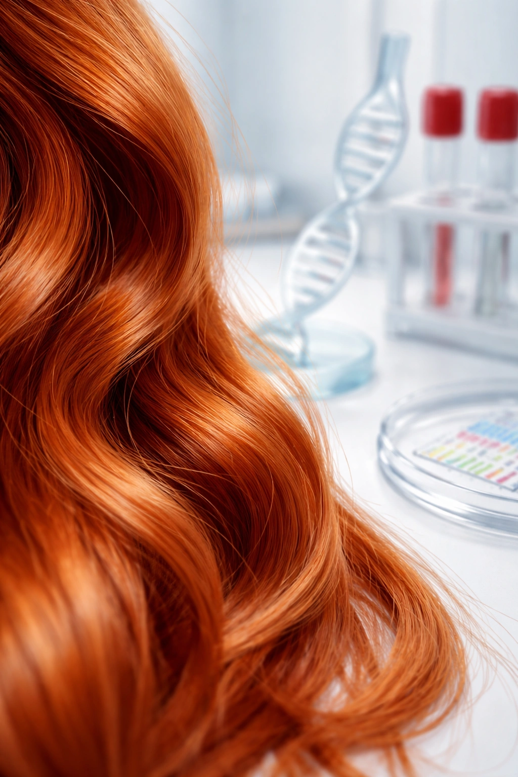 Close-up of red hair in a clinical studio setting
