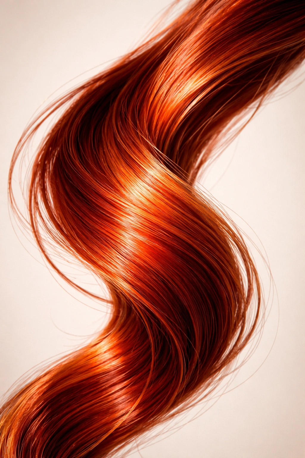 Close-up of vivid red hair strand with copper tones.
