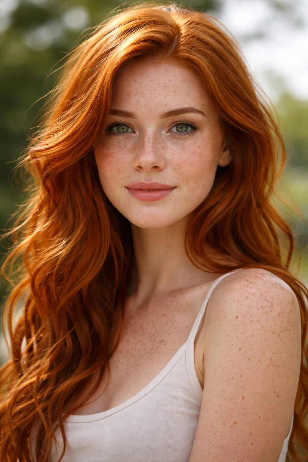 Close-up portrait of a person with bright red hair and freckles