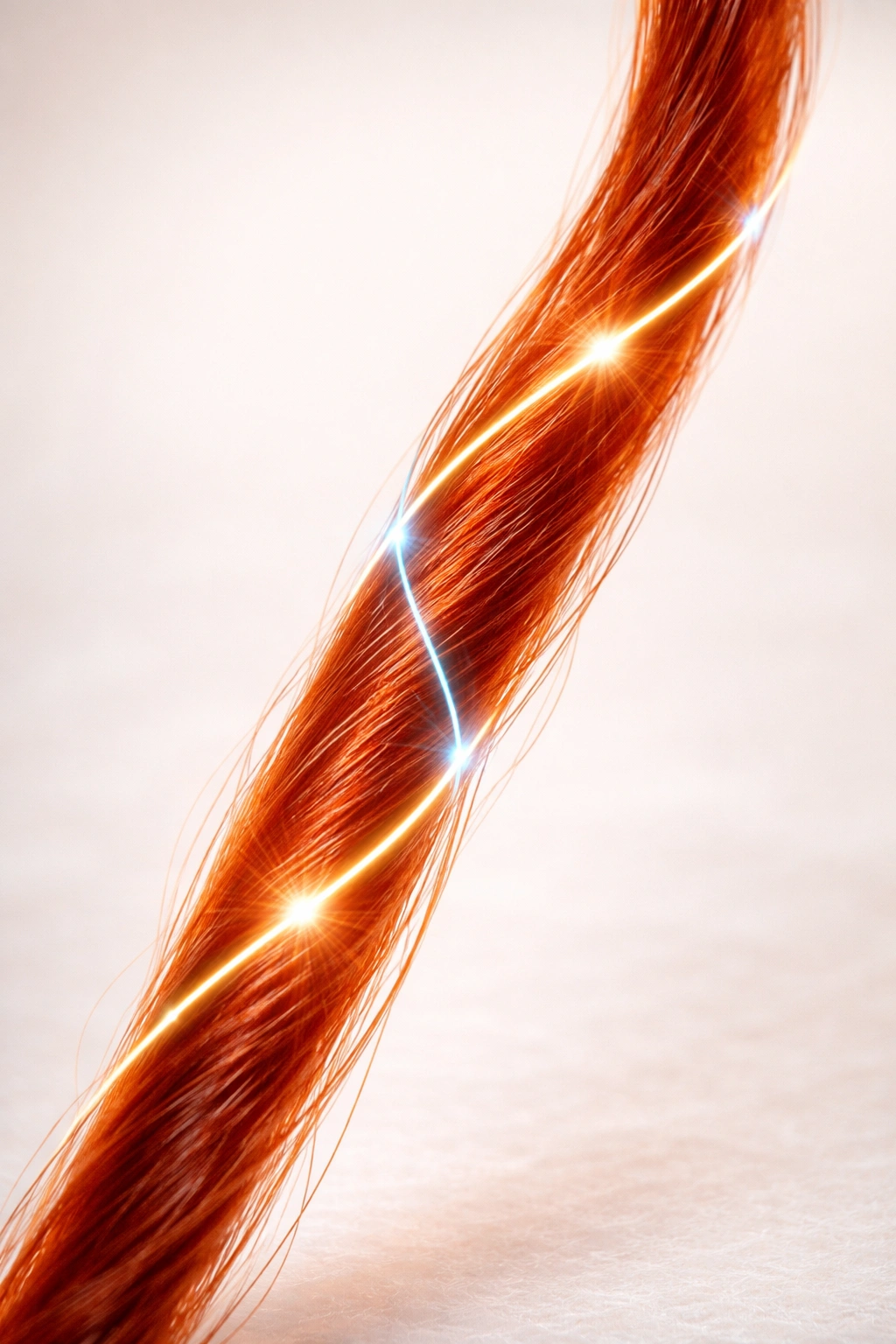Close-up of red hair with two light trails representing gene copies