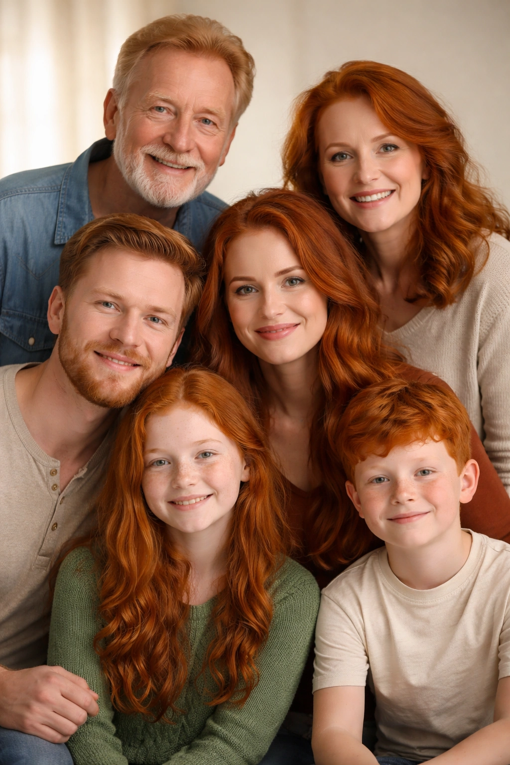 Photorealistic multi-generation family portrait showing red-haired individuals to illustrate recessive inheritance and MC1R