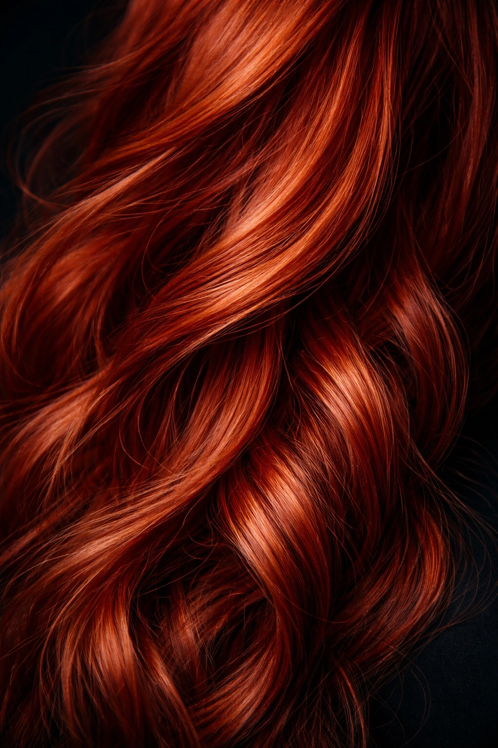Close-up of vivid red hair showing pigment variation and texture