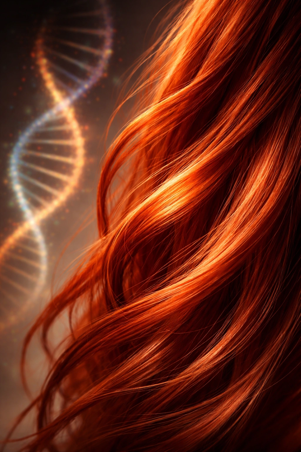 Macro shot of red hair with a faint DNA motif illustrating red hair genetics and MC1R