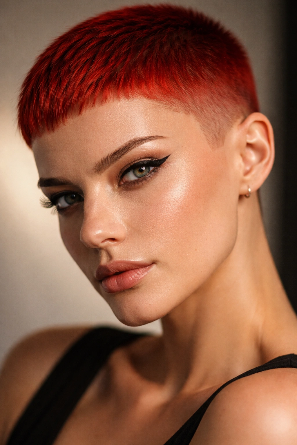 12 Short Red Haircuts That Always Turn Heads 8 Close-up portrait of red blunt micro pixie haircut showing scalp texture and facial features.