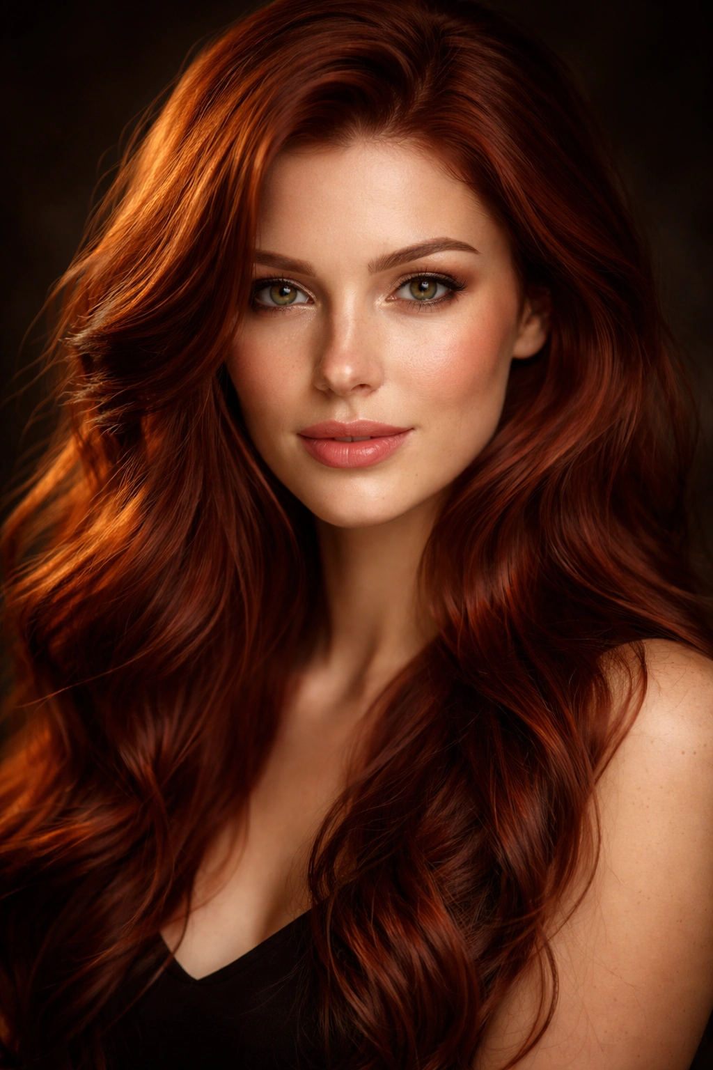 Close-up portrait featuring deep auburn red hair with rich tones