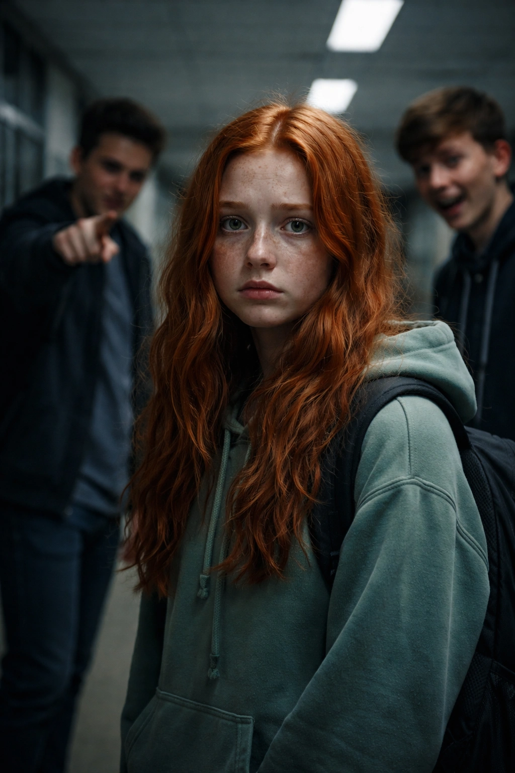 Red-haired teenager facing discrimination in a school corridor