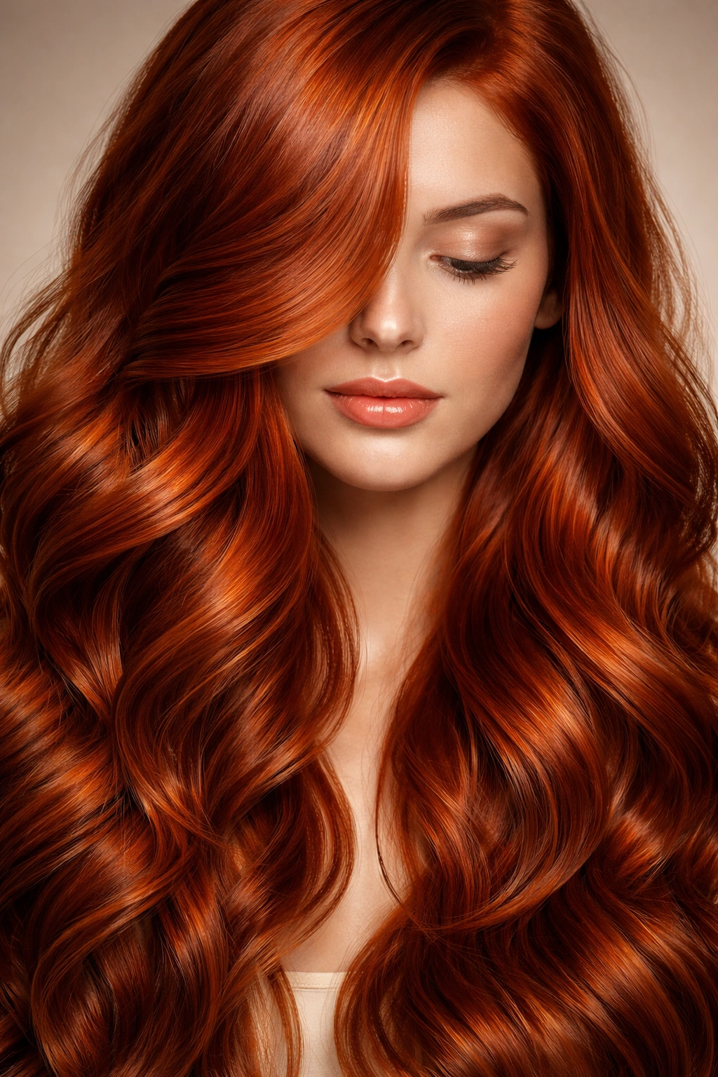 Close-up of natural red hair with copper tones and subtle highlights.