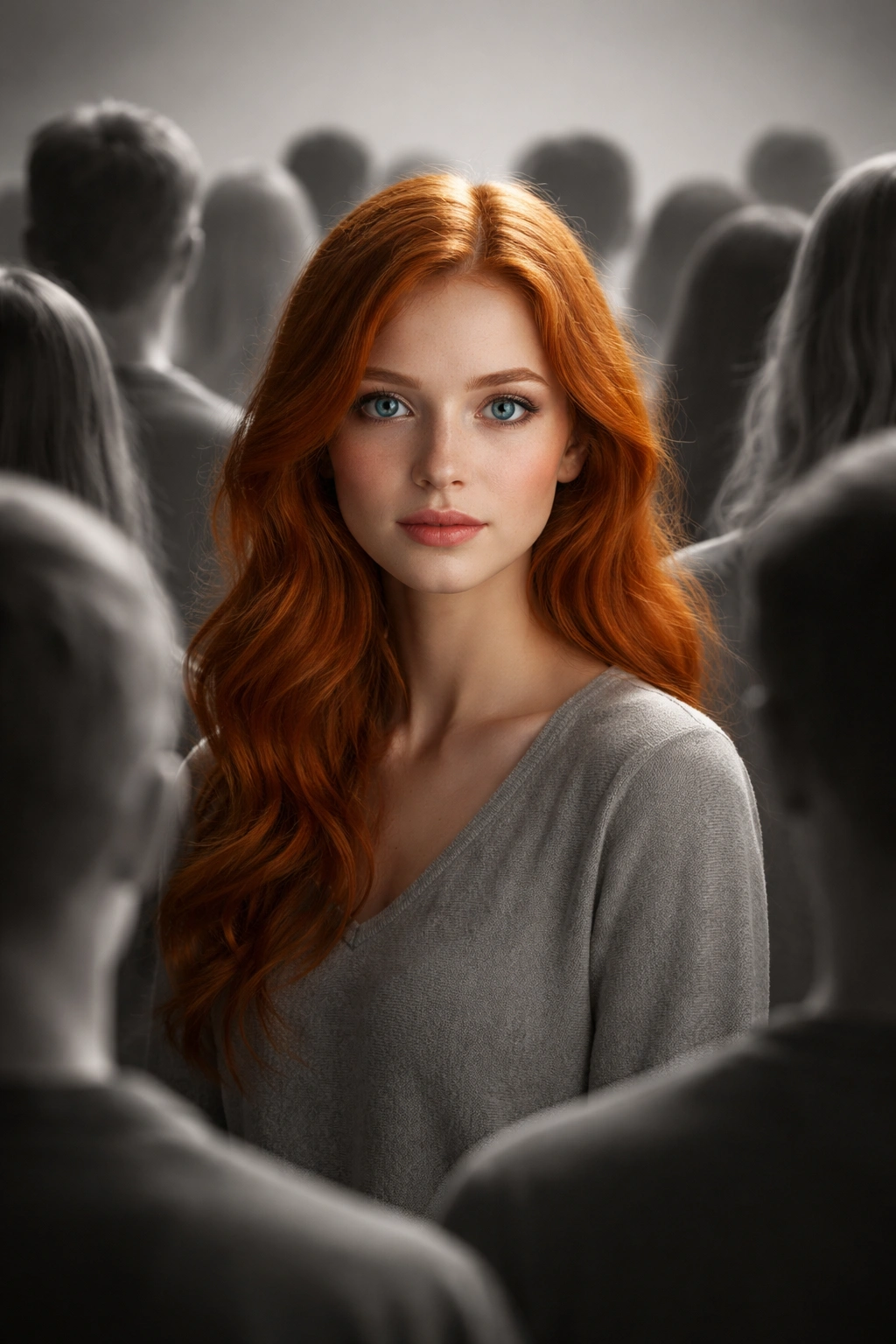 Single redhead among grayscale silhouettes highlighting rarity of red hair and blue eyes