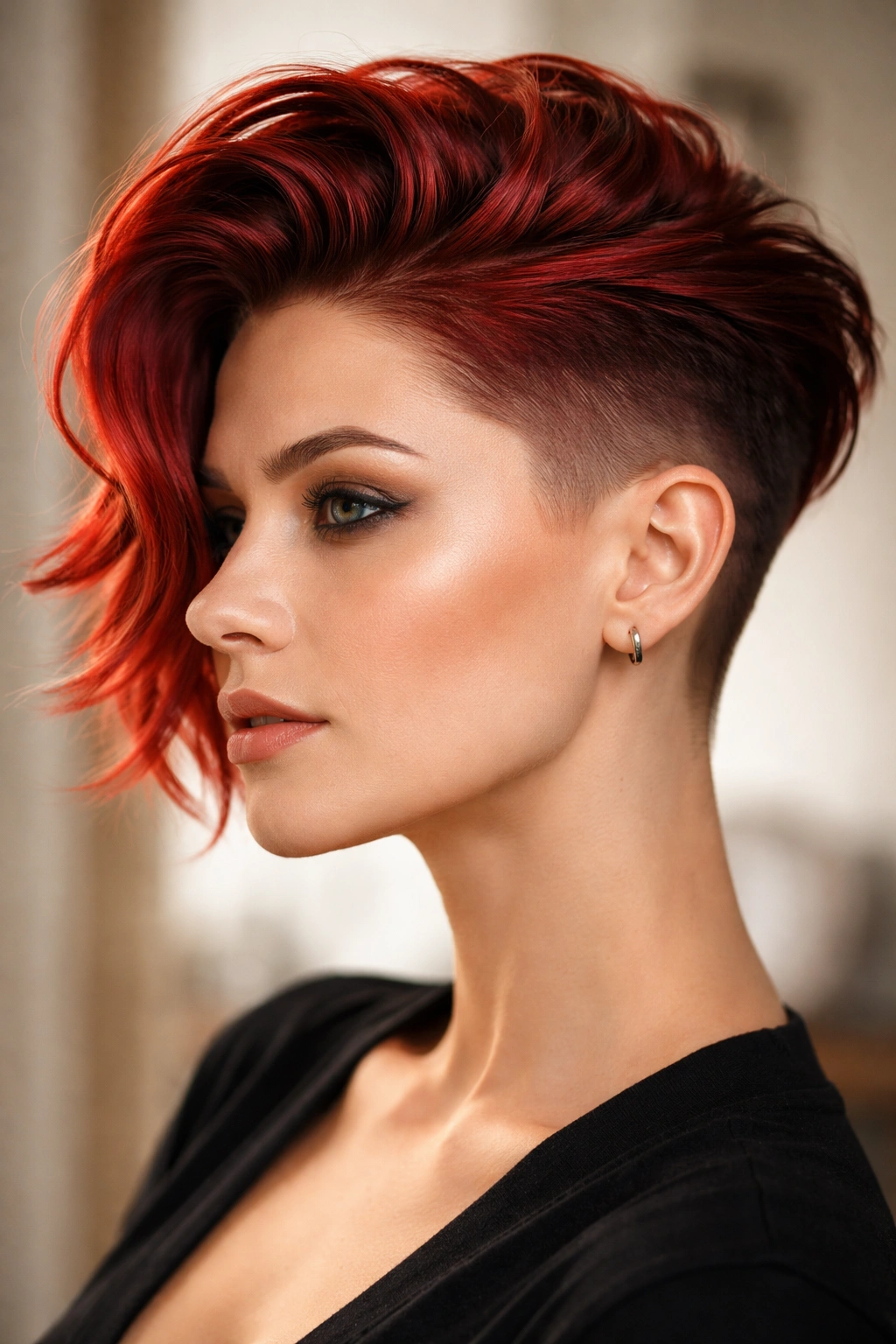12 Short Red Haircuts That Always Turn Heads 9 Portrait of red hair swept-back undercut crop showing movement and depth.