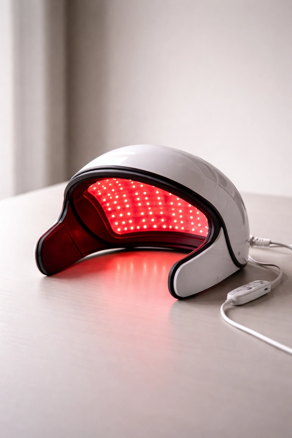 Red light therapy device on a plain surface, minimalist setup