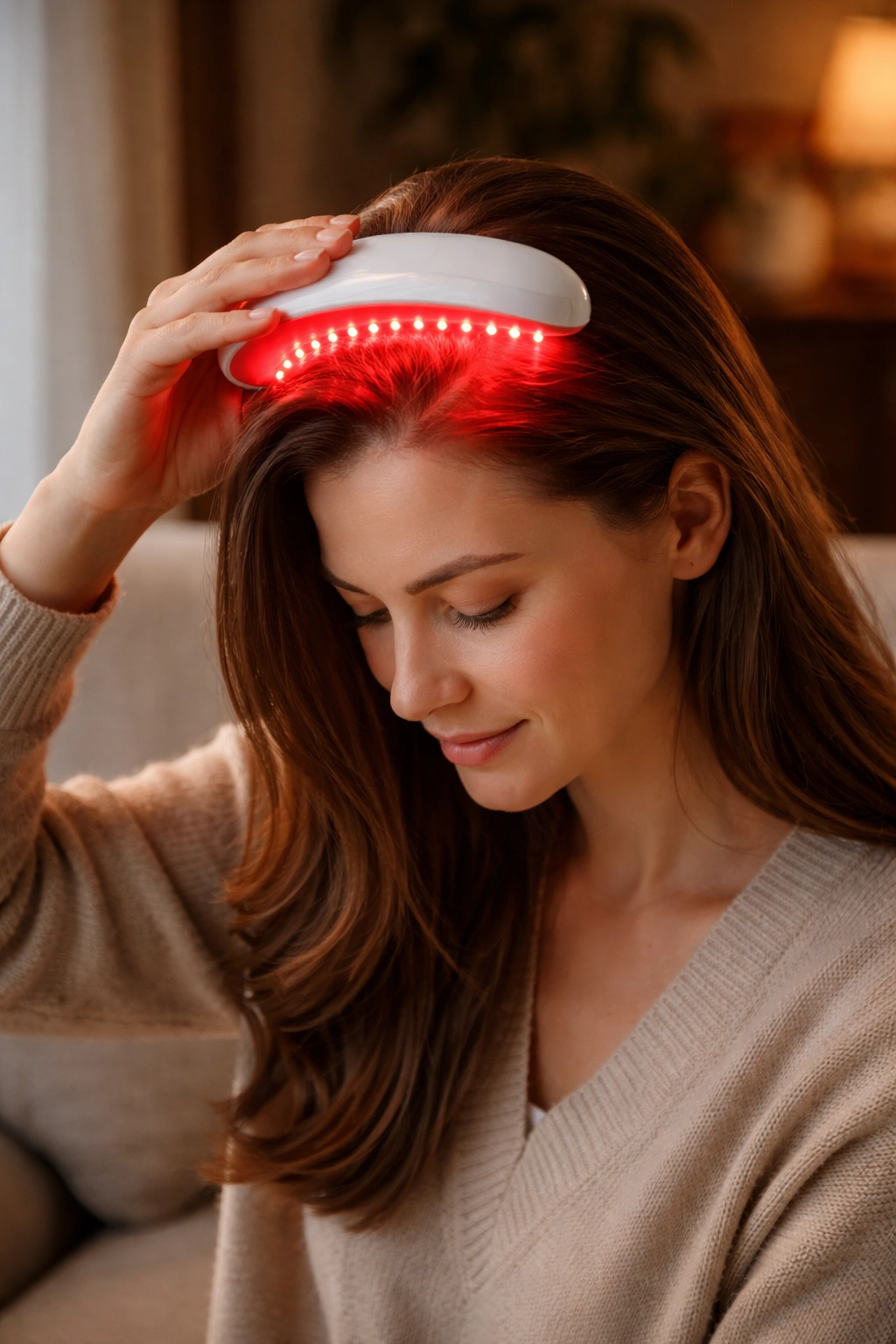 Person using at-home red light device on scalp for hair growth